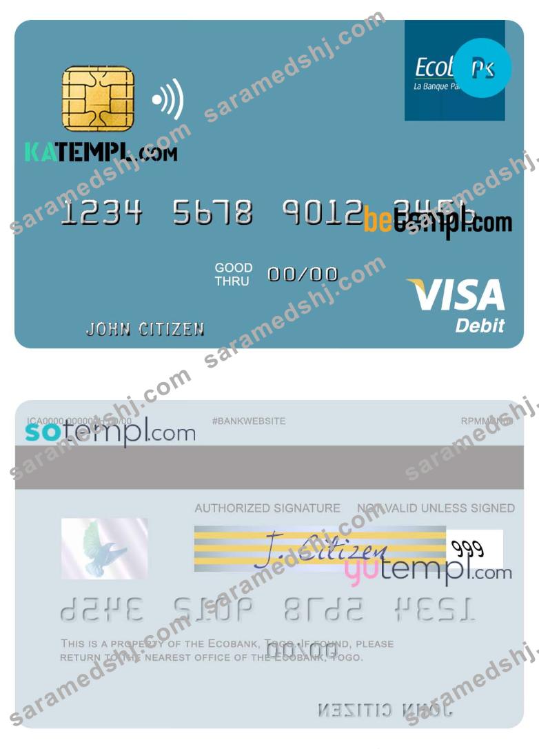 Togo Ecobank visa debit card template in PSD format